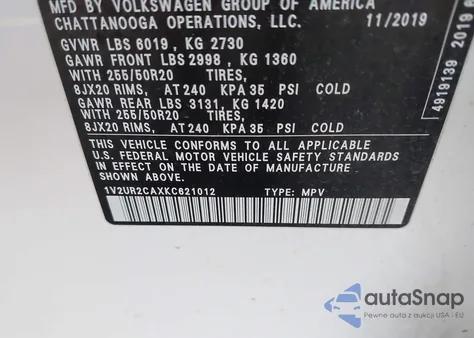 2019 Volkswagen Atlas 3.6L V6 Se W/Technology from USA, damaged, VIN 1V2UR2CAXKC621012